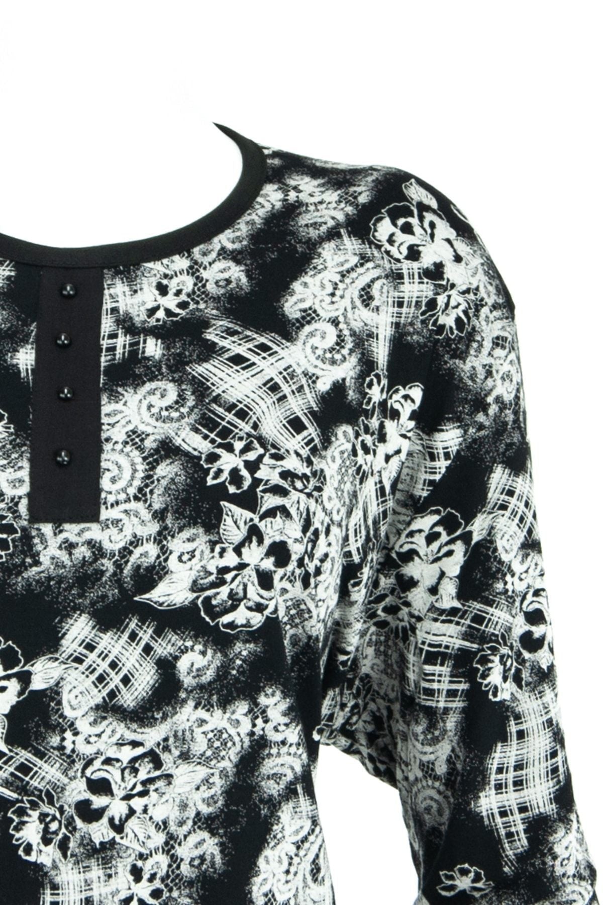 Kadın Çınar Desenli Sıfır Yaka Geniş Kalıp Likralı Viskon Penye Kumaş Büyük Beden Anne Bluz